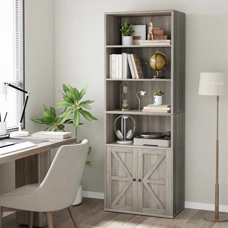 Farmhouse Bookcase with Doors & 6 Shelves, 71.4in Tall Industrial Storage Shelf for Living Room, Office, Bedroom