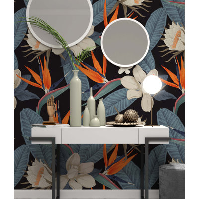 Papier peint amovible à motif de fleurs botaniques sur fond foncé