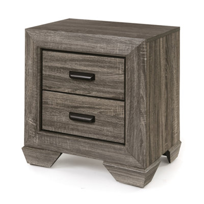 Table de chevet grise avec texture grain vieilli - 2 tiroirs spacieux, glissières centrales en métal, style pieds Shaker, placage de papier 3D, bordures, H 27 po x l 24 po x P 17 po, système coulissant, pieds classiques, construction,