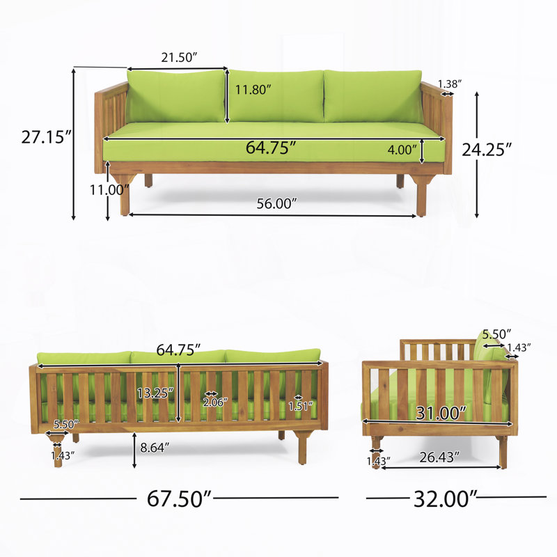 Outdoor Patio Daybed with Cushions, Green, Teak