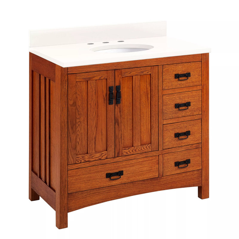 Meuble-lavabo 36 po - Chêne teinté avec lavabo encastrable Maybeck, Quartz blanc arctique, 8 po