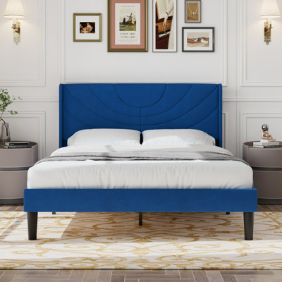 Queen Size Velvet Bed Frame with Wingback Headboard, Upholstered Platform Bed with Wing Side Channel Tufted Headboard, Solid Wooden Slats Support, No Box Spring Needed, Noise Free, Dark Blue