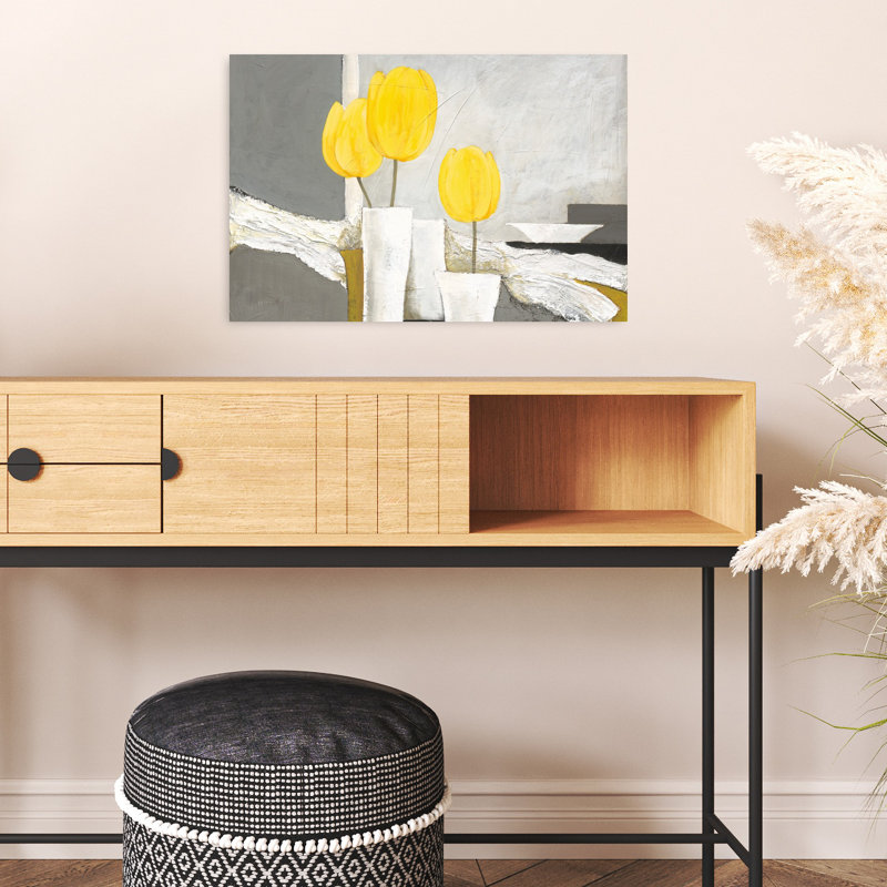 «Tulipes jaunes vibrantes», art moderne contemporain de tulipes printanières, 16" H x 24" W
