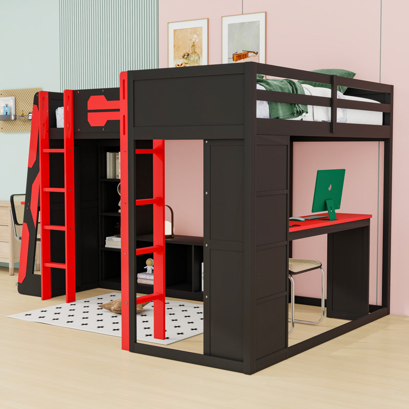 Twin and Twin Wooden Loft Bed with TV Stand, LED Strips, Shelves, USB Ports and Desk, Red