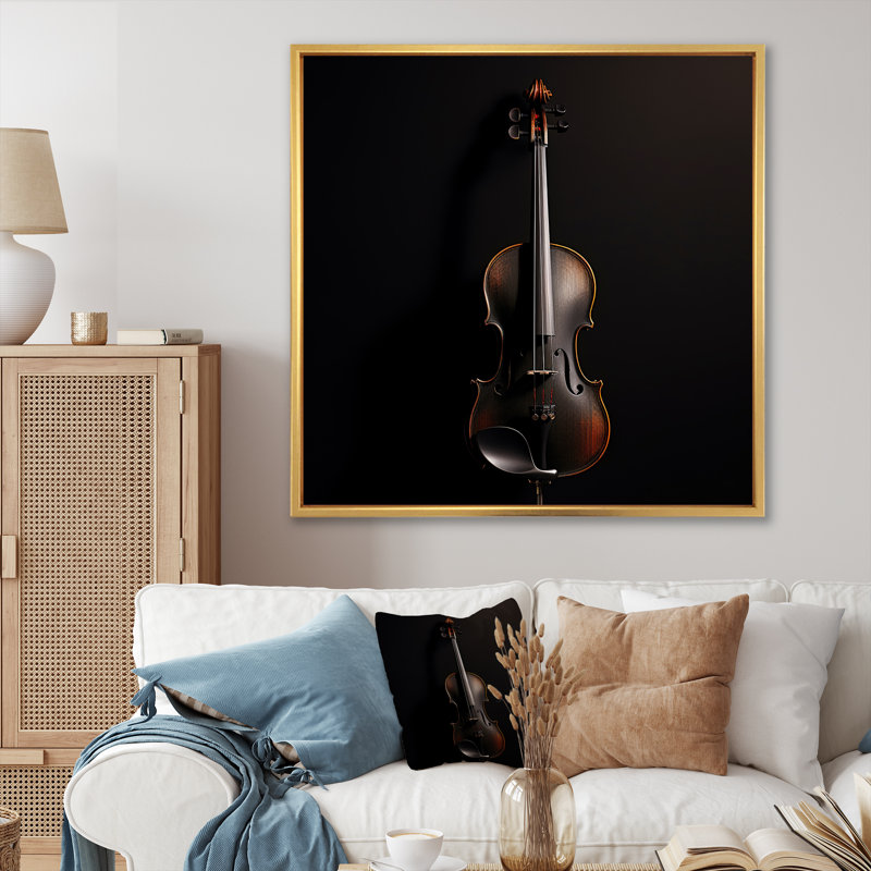 Violon vibrato élégant ébène sur toile, Cadre flottant doré, H 16 po x l 16 po x P 1 po