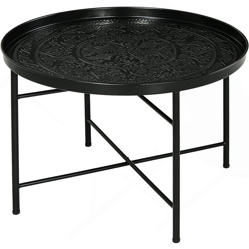 Vintage Metal Round Coffee Table With Hammered Tray Top, Versatile And Sturdy For Living Room And Bedroom