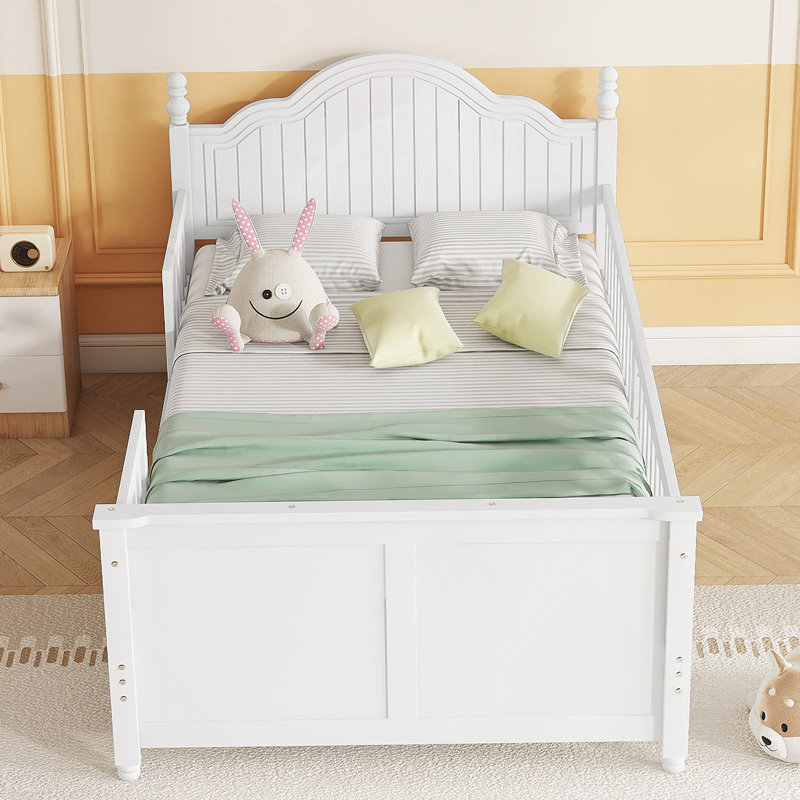 Lit simple pour enfants, lit plateforme simple en bois avec tête et pied de lit, blanc, Simple