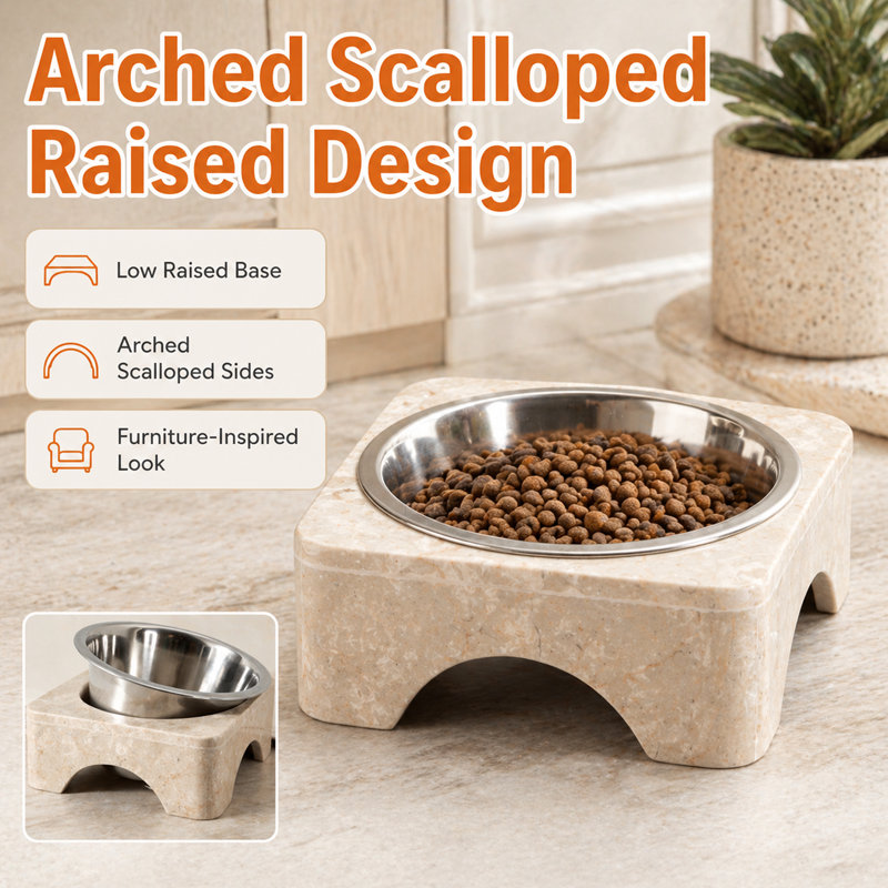 Natural Beige Marble Raised Pet Bowl with 1 Quart Stainless Steel Insert, Arched Scalloped Style