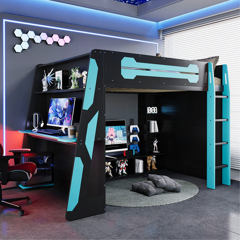 Full Size Wood Loft Bed With Desk, Multi-Storage Shelves And RGB Light, Cloud Blue