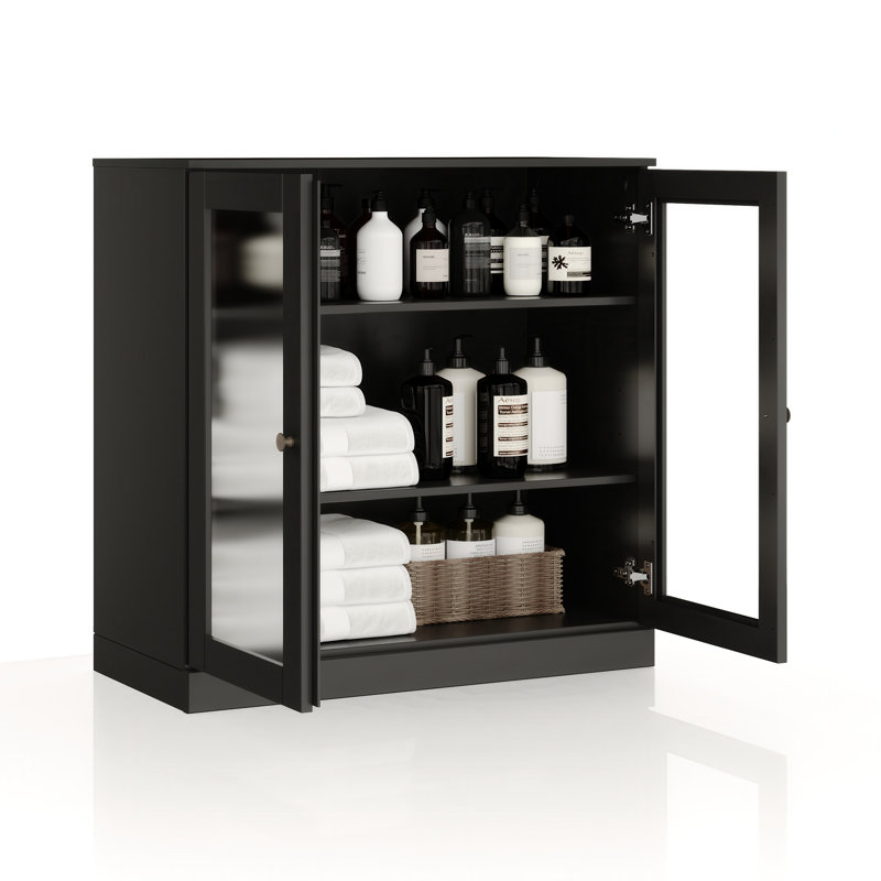 100% Solid Wood 32" Bathroom Cabinet with Frosted Glass Doors and Adjustable Shelves, Black