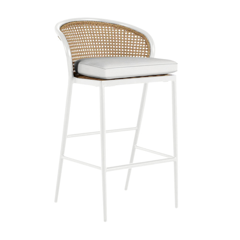 Havana 29.75" Patio Bar Stool with Cushion, Welt, Chalk/Natural Cane, Intermix Indigo