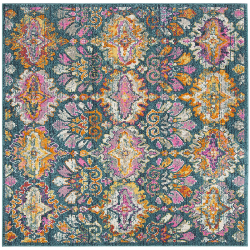 Christa Oriental Blue/Orange/Pink Area Rug, Square 6'7"