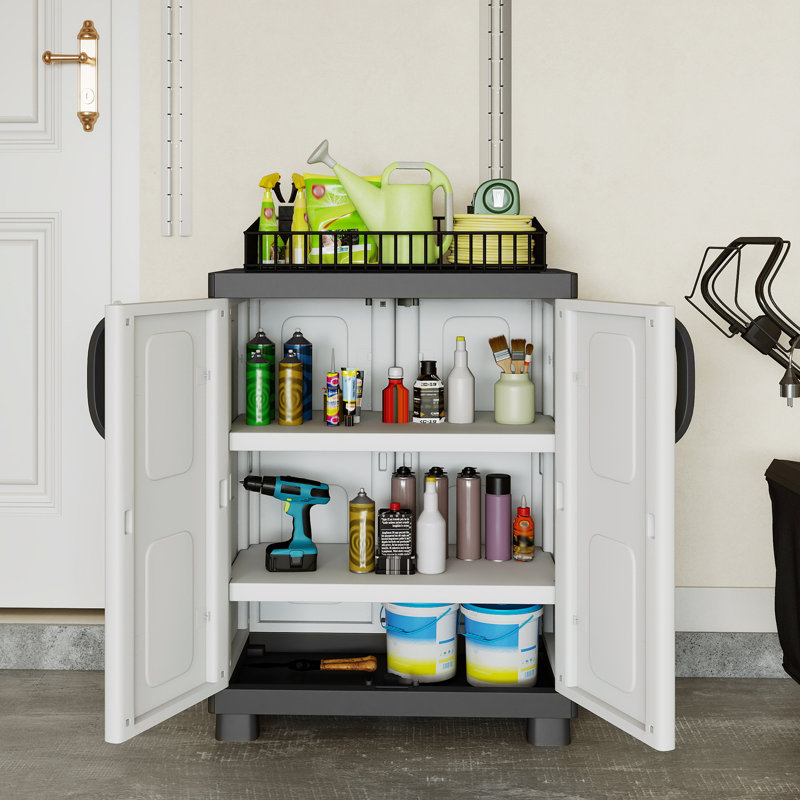 Armoire de rangement, buffet autoportant avec 2 portes et tablettes gris et blanc, Gris / Blanc