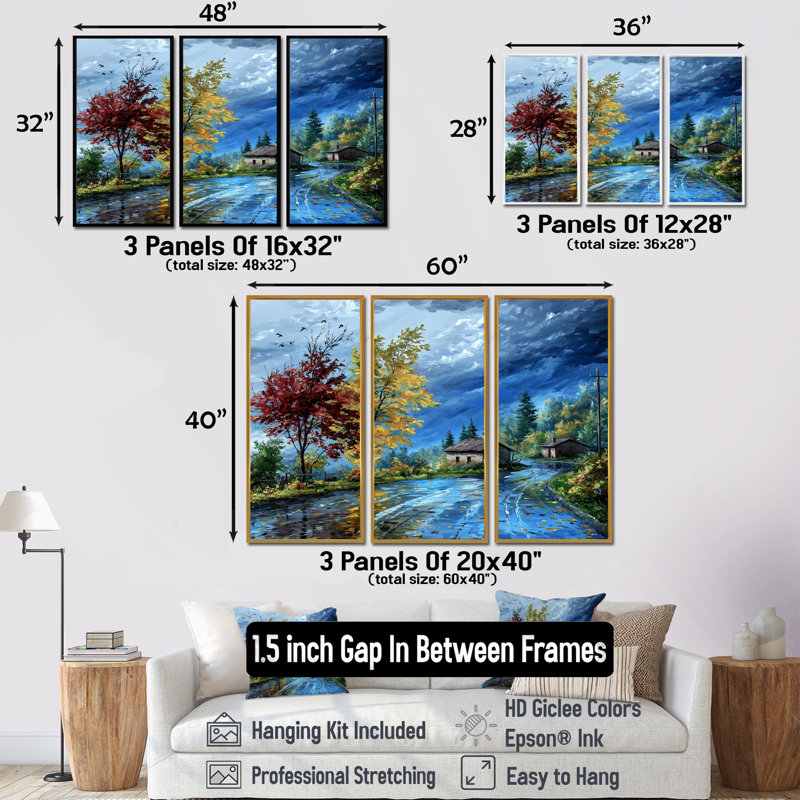 Route en automne dans un paysage de campagne II - ensemble d'art mural de ferme, H 40 po x l 60 po, Brun