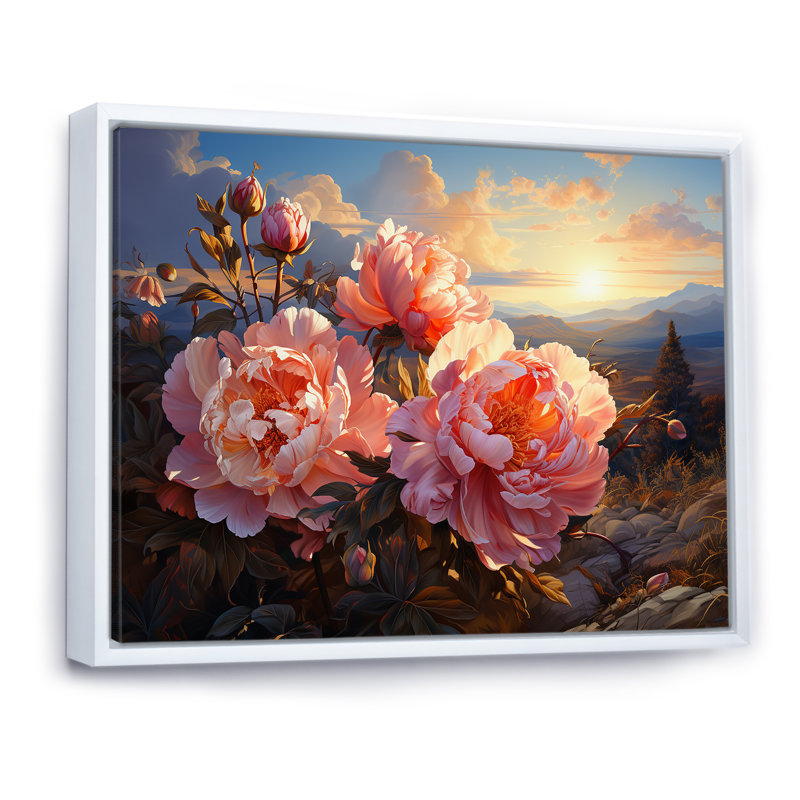 Pivoines magiques au coucher du soleil I, H 34 po x l 44 po x P 1,5 po, Cadre flottant blanc