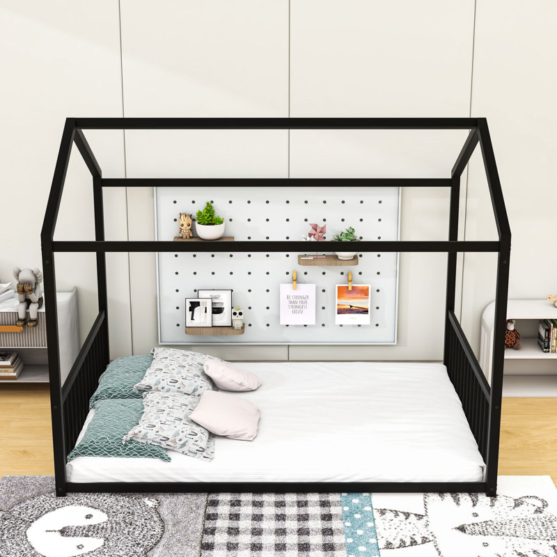 Metal Floor Bed With House-Shaped And Guardrails, Black, Full