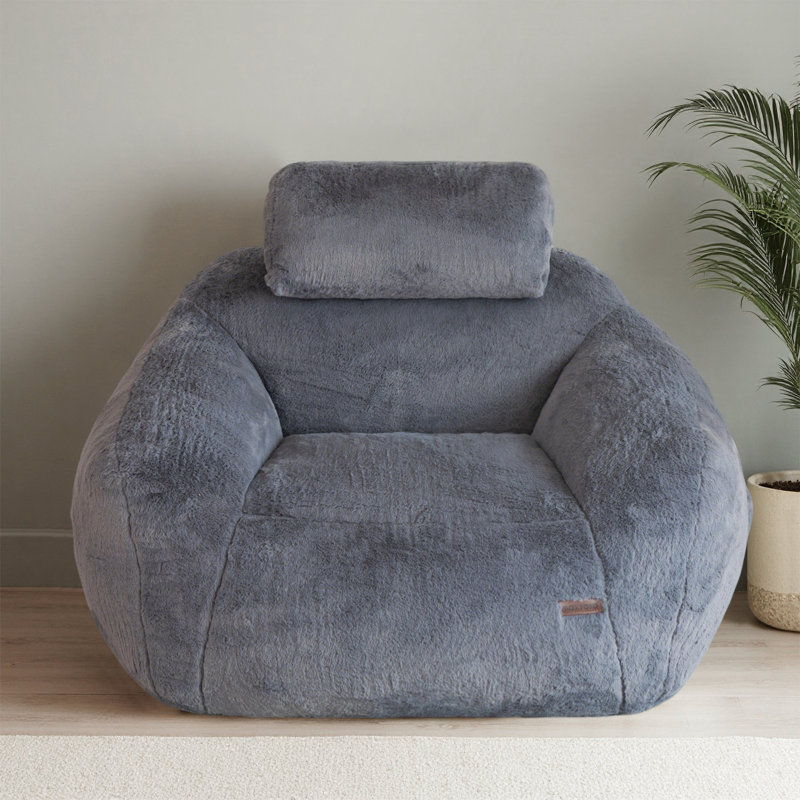 Giant Bean Bag Sofa Chair with a Pillow, Gray Faux Fur