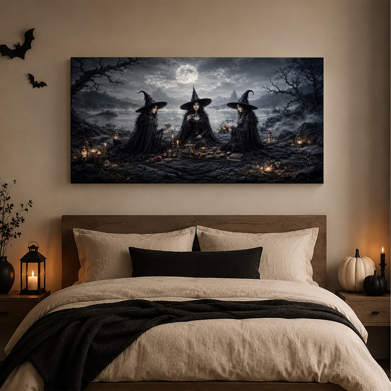 Trois sorcières en noir buvant du thé sous une toile murale d'Halloween, L 20 po x H 10 po