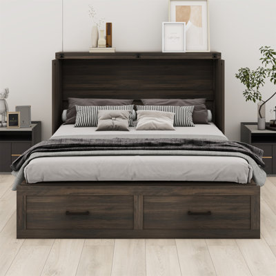 Lit armoire escamotable avec station de charge Murphy, lit plateforme pliable avec grand tiroir de rangement