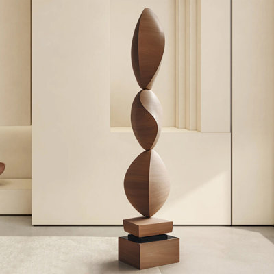 Modern Abstract Wood Floor Sculpture, Handcrafted Brown Decorative Object for Minimalist Entryway, Contemporary Art Home Accent