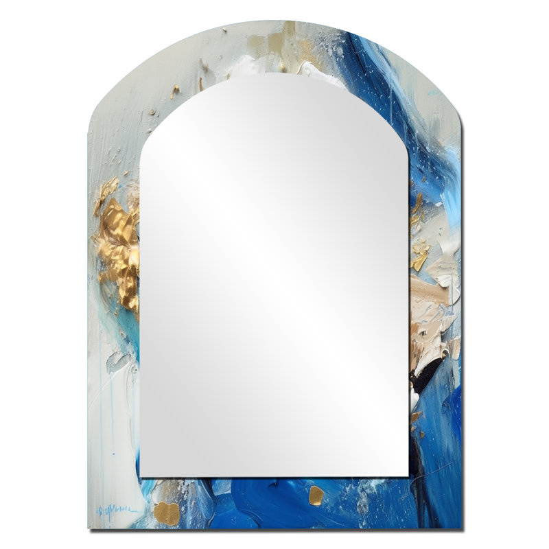 Indigo Awakening Abstract In Blue And Gold II - Abstract Painting Asymmetrical Decorative Wall Mirror, Modern Arch Mirror, Printed Metal Art
