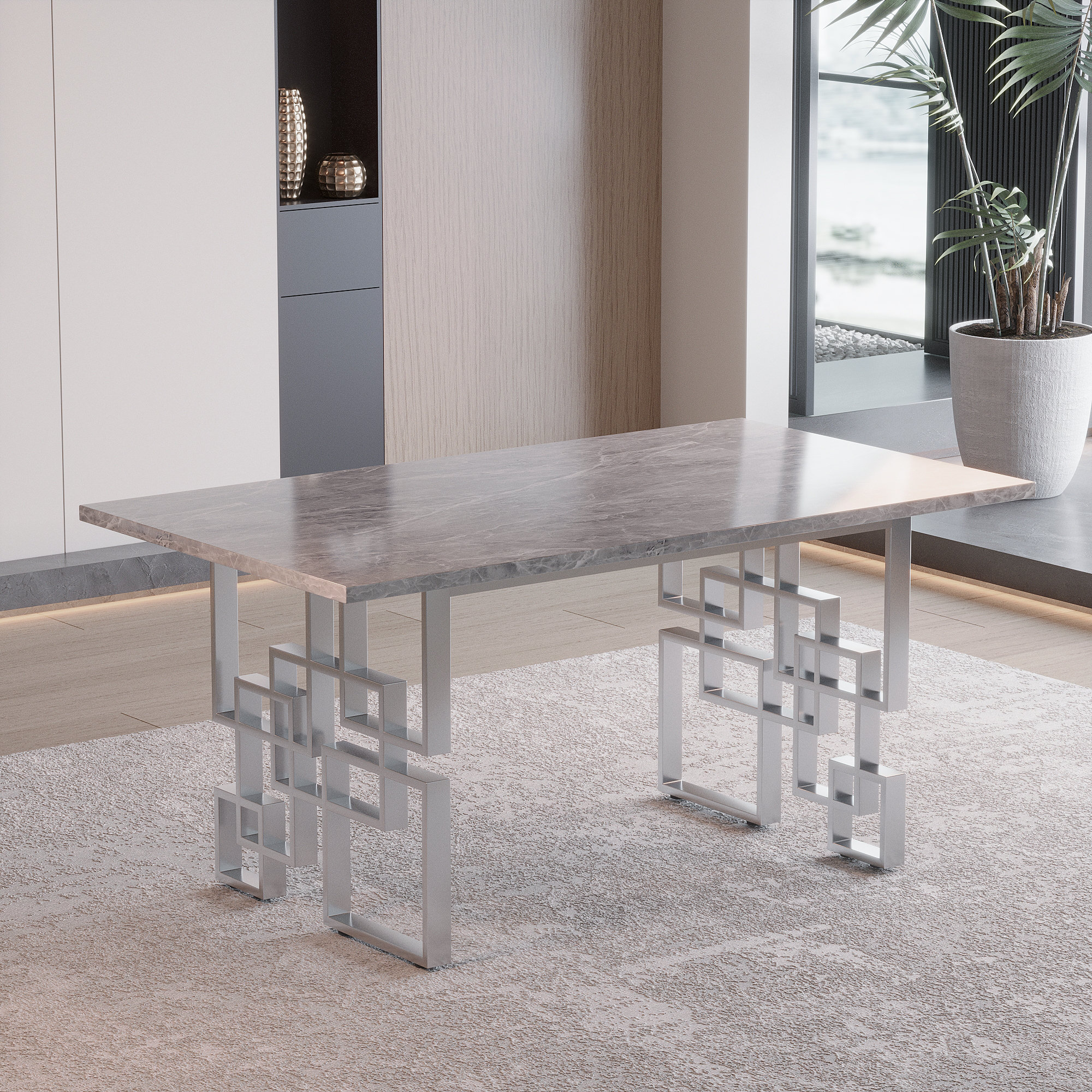 Mercer41 78.7" Modern Faux Marble Stone Dining Table, Stainless Steel ...