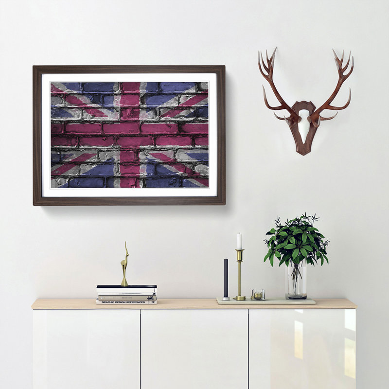 Union Jack Brick Wall Graffiti in Abstract - Picture Frame Graphic Art Print, 36cm H x 48cm W x 2cm D, Walnut Framed