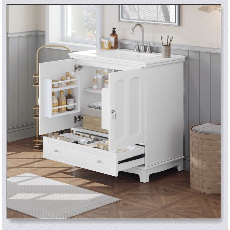Meuble-lavabo en bois massif de 30 pouces avec lavabo en céramique, tablette réglable et cloison de tiroir pour un rangement et un style améliorés
