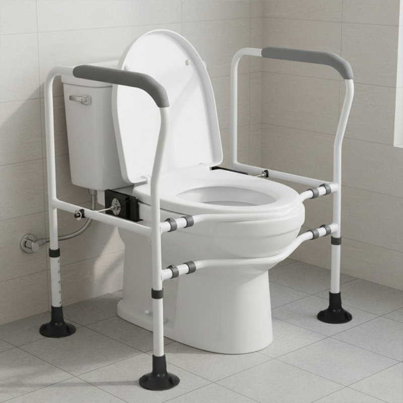 Foldable and adjustable heavy-duty metal safety rail for raised toilets; features non-slip feet and handles; suitable for pregnant women and individuals with disabilities—ideal for use with bathtubs and showers; a safe transfer and bathroom mobility aid.