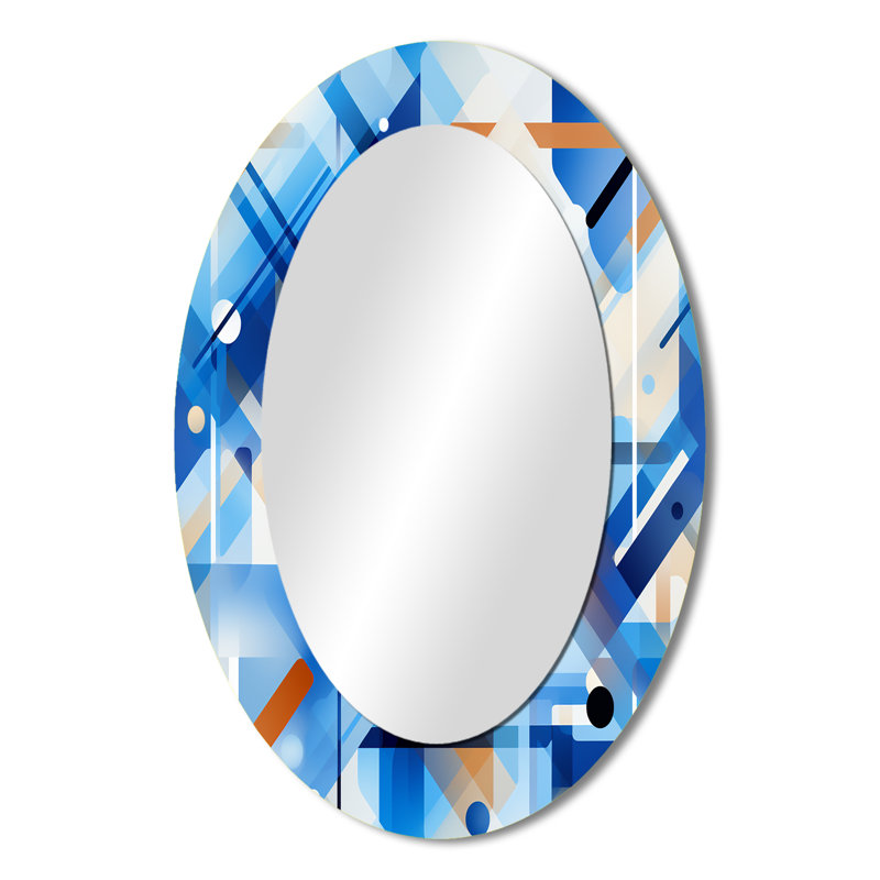Romeshia bleu cobalt et grille blanche géométrique - grand miroir mural, miroir unique bleu, impression d'art en métal, Ovale