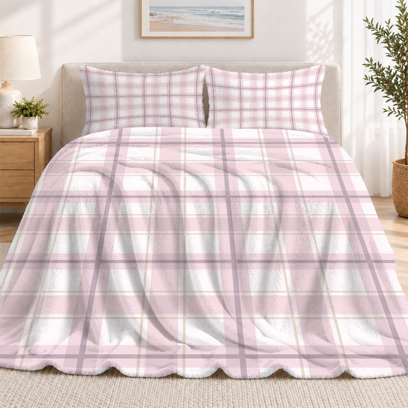 Premium Flannel Lightweight Blanket & 2 Pillow Shams Set with Pink & White Minimalist Checkered Grid, Ultra-Soft & Warm Cozy Bedding Set for All-Season, 60" x 80" Blanket + 2 Pillowcases Anti-Pilling & Machine Washable(Set of 3)