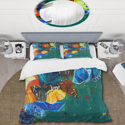 Color Butterflies On A Green - Ensemble de housse de couette moderne - Polyester microfibre