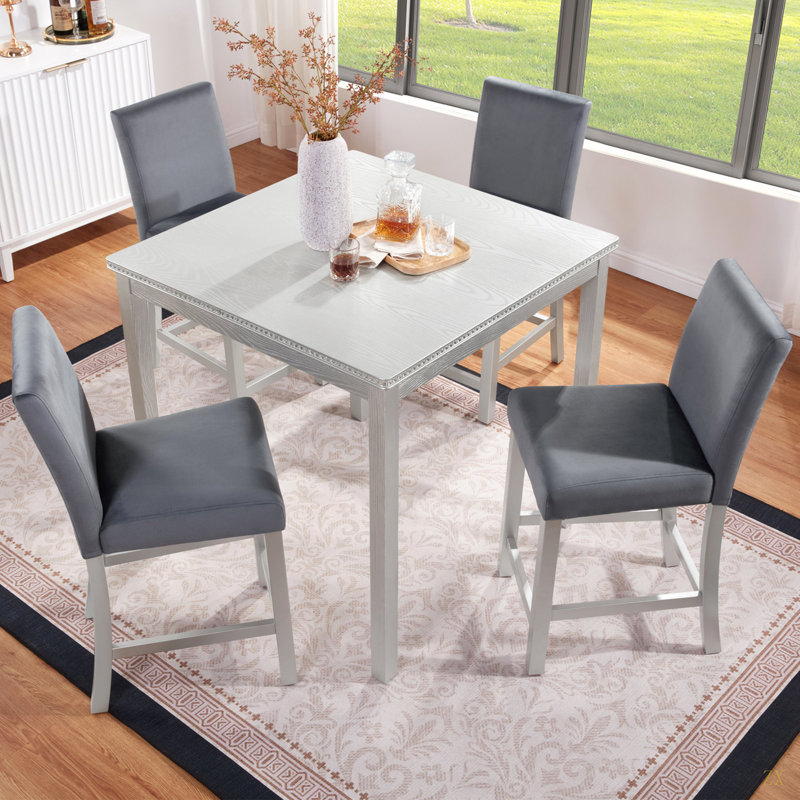 5 Piece Counter Height Table Set, Wooden Kitchen Table Set With Square Table And 4 Upholstechairs, Counter Height Dining Table With Crystal Decoration And Chair Set