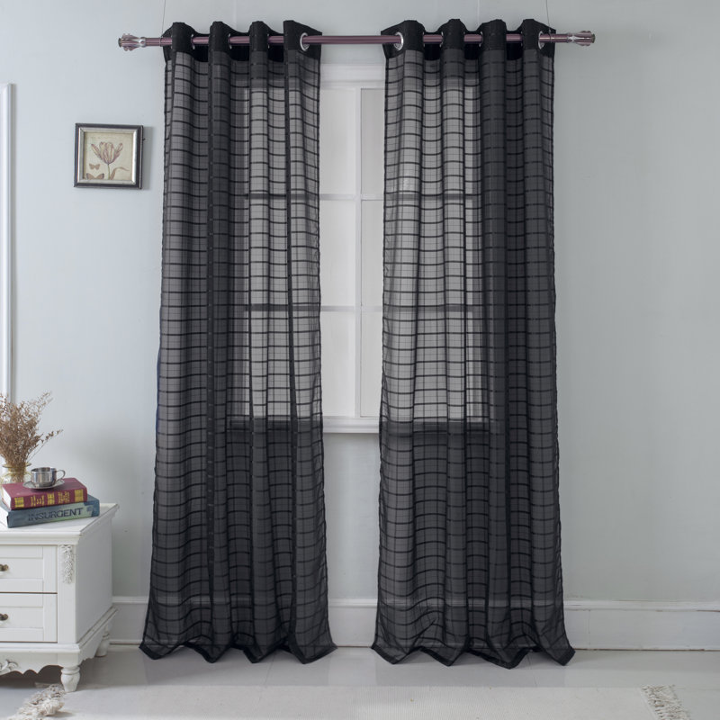 Jardine Plaid Stripe Sheer Window Curtain Panel, Black
