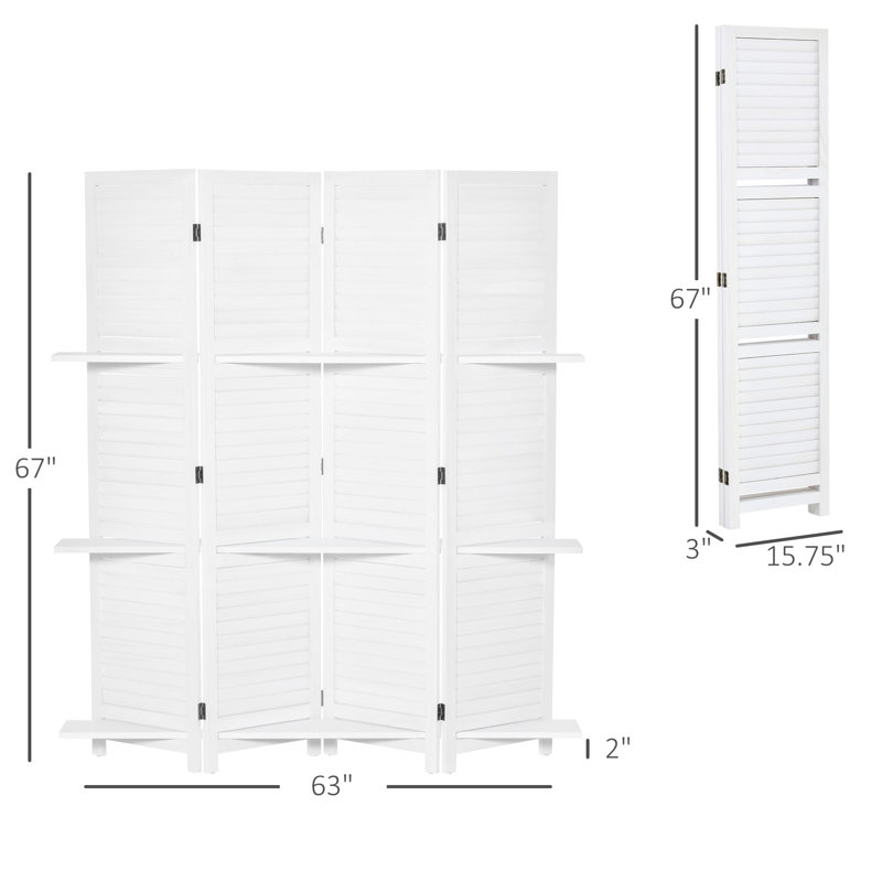 Paravent blanc, 4 panneaux de 67 po de hauteur avec 3 tablettes de présentation et pliable pour les tablettes de bureau / chambre à coucher
