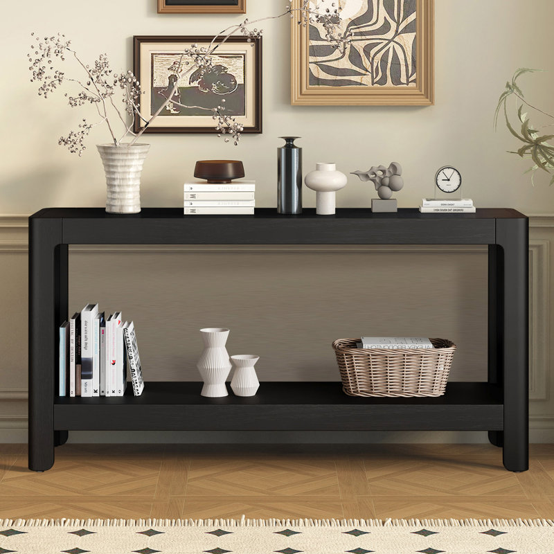 Kolten Wooden Console Table With Open Shelf & Rounded Corners, Black