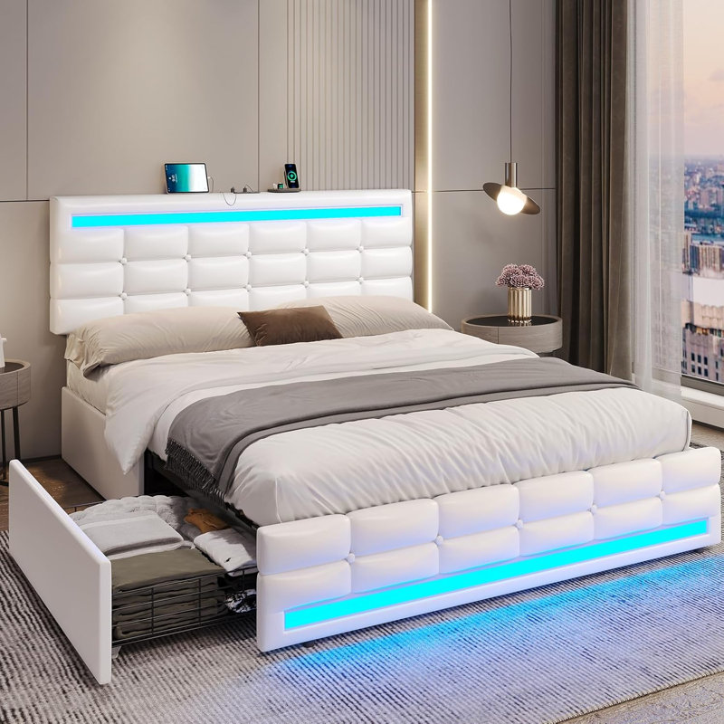 Cadre de lit avec tiroirs, cadre de lit à DEL avec station de charge, cadre de lit plateforme en cuir d'unité centrale avec rangement et lumières DEL