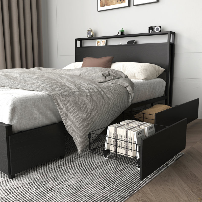 Full Bed Frame, Storage Headboard With Charging Station, Solid And Stable, Noise Free, Full