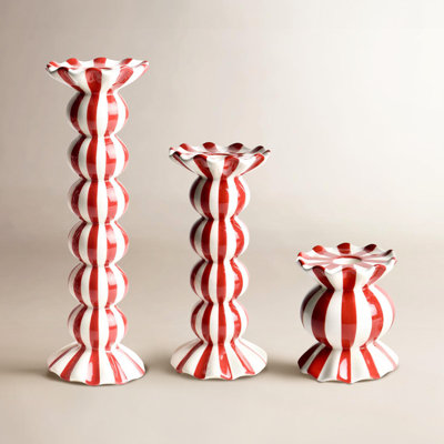 Red Stripe Ruffle 3-Piece Candlestick Set