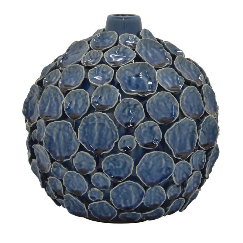 Vase décoratif Remus avec motif galet surélevé, céramique bleue émaillée