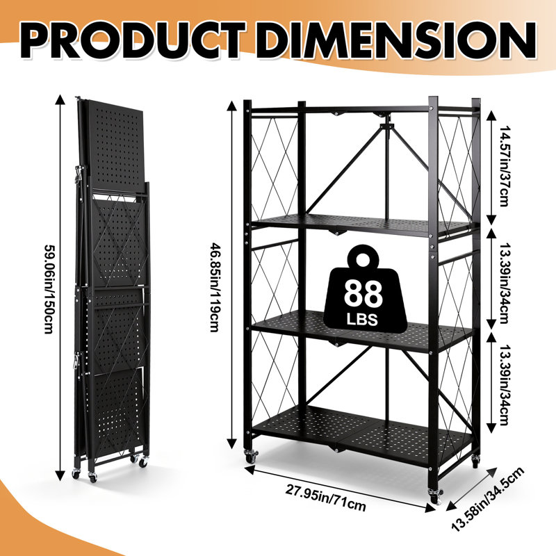 Chariot utilitaire pliable moderne à 4 niveaux avec roues verrouillables, étagères de rangement pliables et peu encombrantes pour la décoration de la maison et de la cuisine