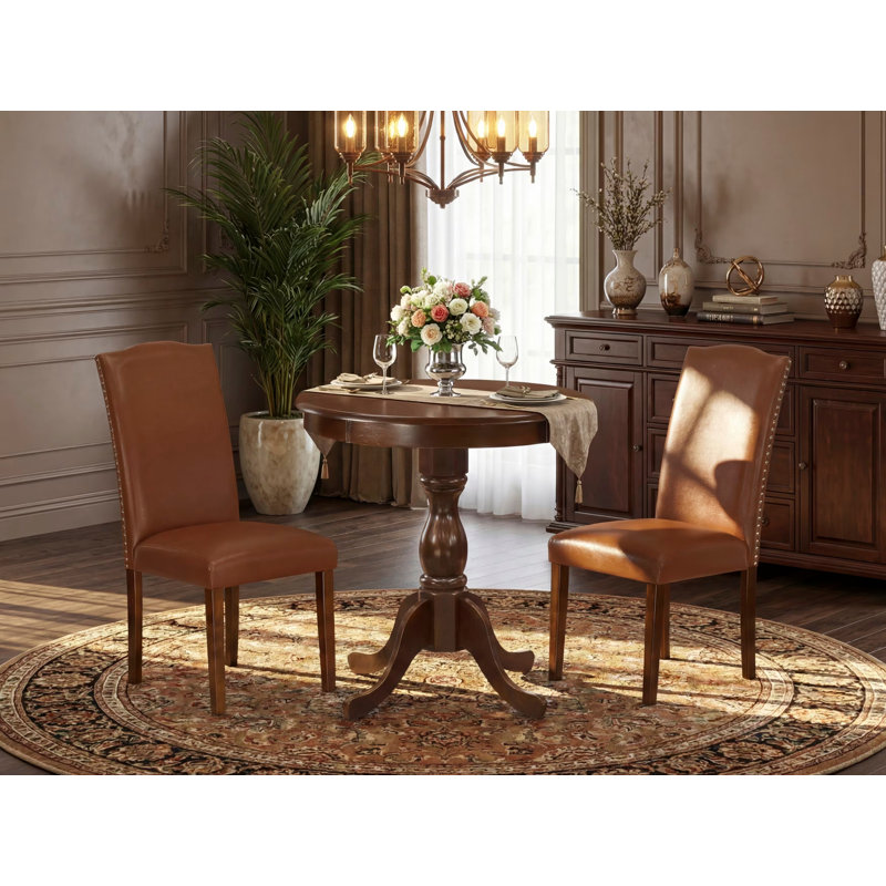 L'ensemble de table de cuisine 3 pièces comprend une table de salle à manger ronde et 2 chaises rembourrées en similicuir brun, 30 x 30 pouces, acajou