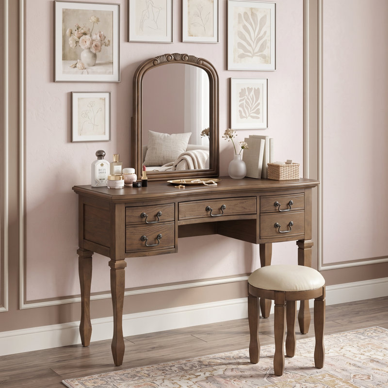 Vintage Vanity Table with Curved Mirror, 5 Drawers and Cushioned Leather Stool