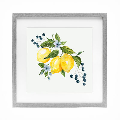 Lemons with Blossoms & Berries Framed Print Under Glass, design by Livi Finn