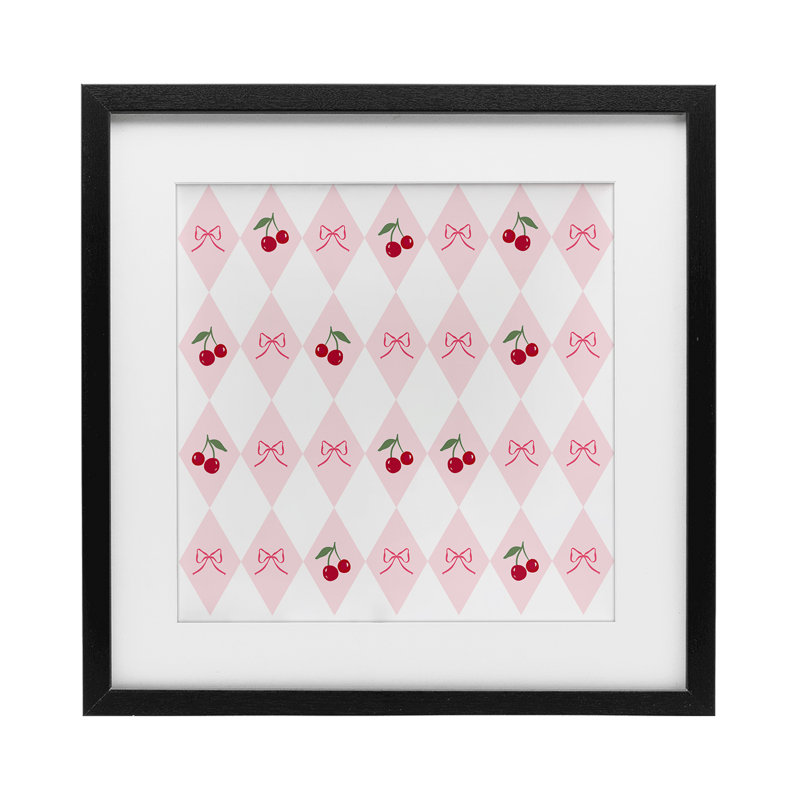 «Cherries & Bows Argyle», reproduction d'art sous verre encadrée par Lucille Price, H 13 po x l 13 po, Cadre noir minuit