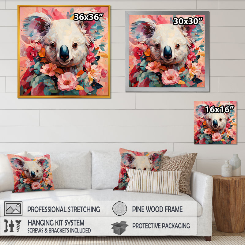 Art floral mural Koala I - Koala, Cadre flottant doré, H 30 po x l 30 po x P 1,5 po