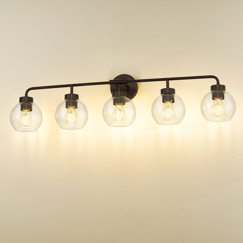 Éclairage pour salle de bain 5 lumières avec abat-jour globe en verre transparent, bronze huilé, 5