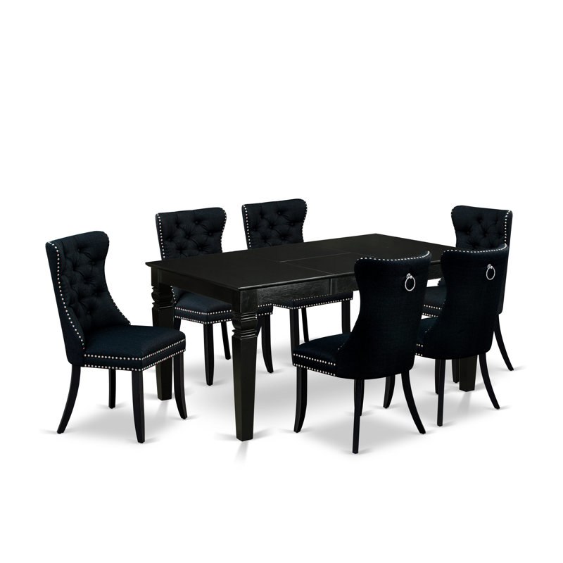 7 Piece Dining Table Set Includes a Rectangle Kitchen Table with Butterfly Leaf and 6 Polyester Fabric Padded Chairs, Black
