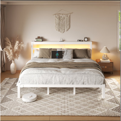 King Metal Platform Bed with Storage Headboard, Charging Station, LED Light, Easy Assembly, White