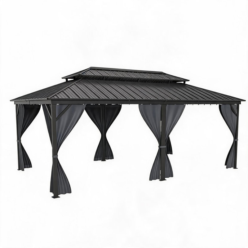 Pavillon de jardin 12 po x 20 pi avec toit double, auvent en acier, rideaux et filet pour terrasse de patio